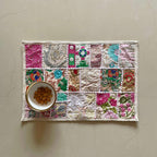 ATRANGI STUDIO Patchwork Table Mat | Traditional Rajasthani Khambadiya Placemat | Handmade Reusable Dining Table Mat for Home Decor | Colourful Dining Setup | 12x18 Inch, White
