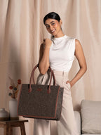 ZOUK Bristel Texture Printed Jute Handcrafted Brown Women's Stylish Tote Bags | Tote Handbag| Shoulder bag with double handle