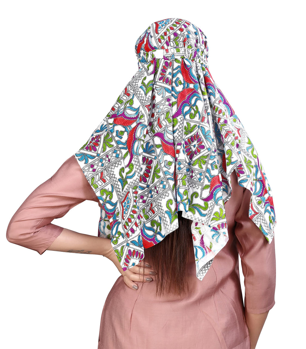 7 season's Female Cotton Short Scarf Cum Mask Universal Size/Usable For Vehicle Driver For Sunlight Uv Protection/White Printed Design (White Jaipuri, Free)