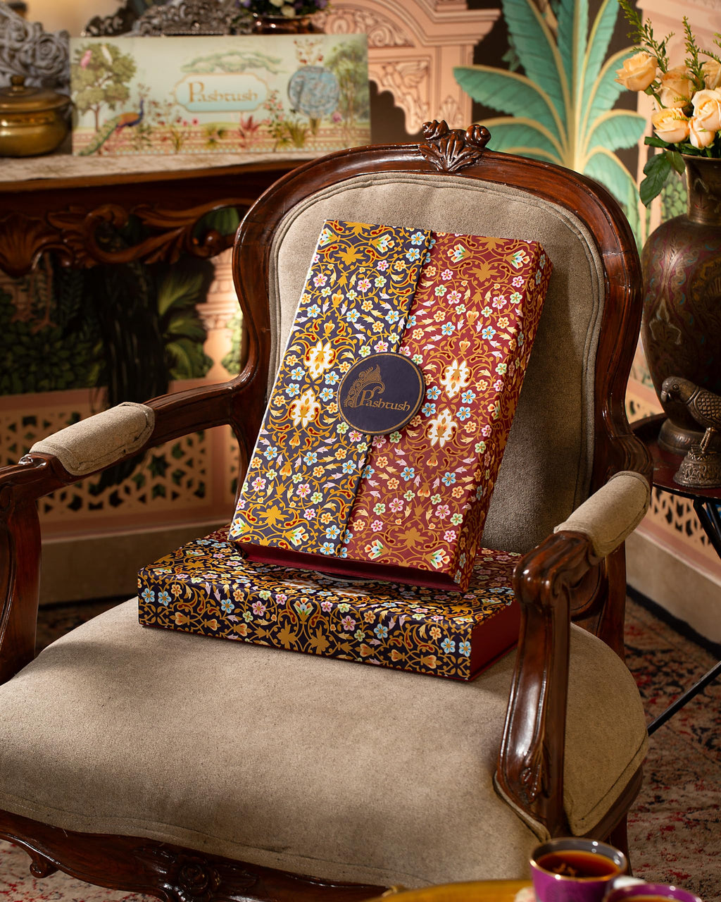 Pashtush His And Her Set Of Fine Wool Shawl and Woolmark Stole, Premium Gift Box Packaging, Beige and Multicolour
