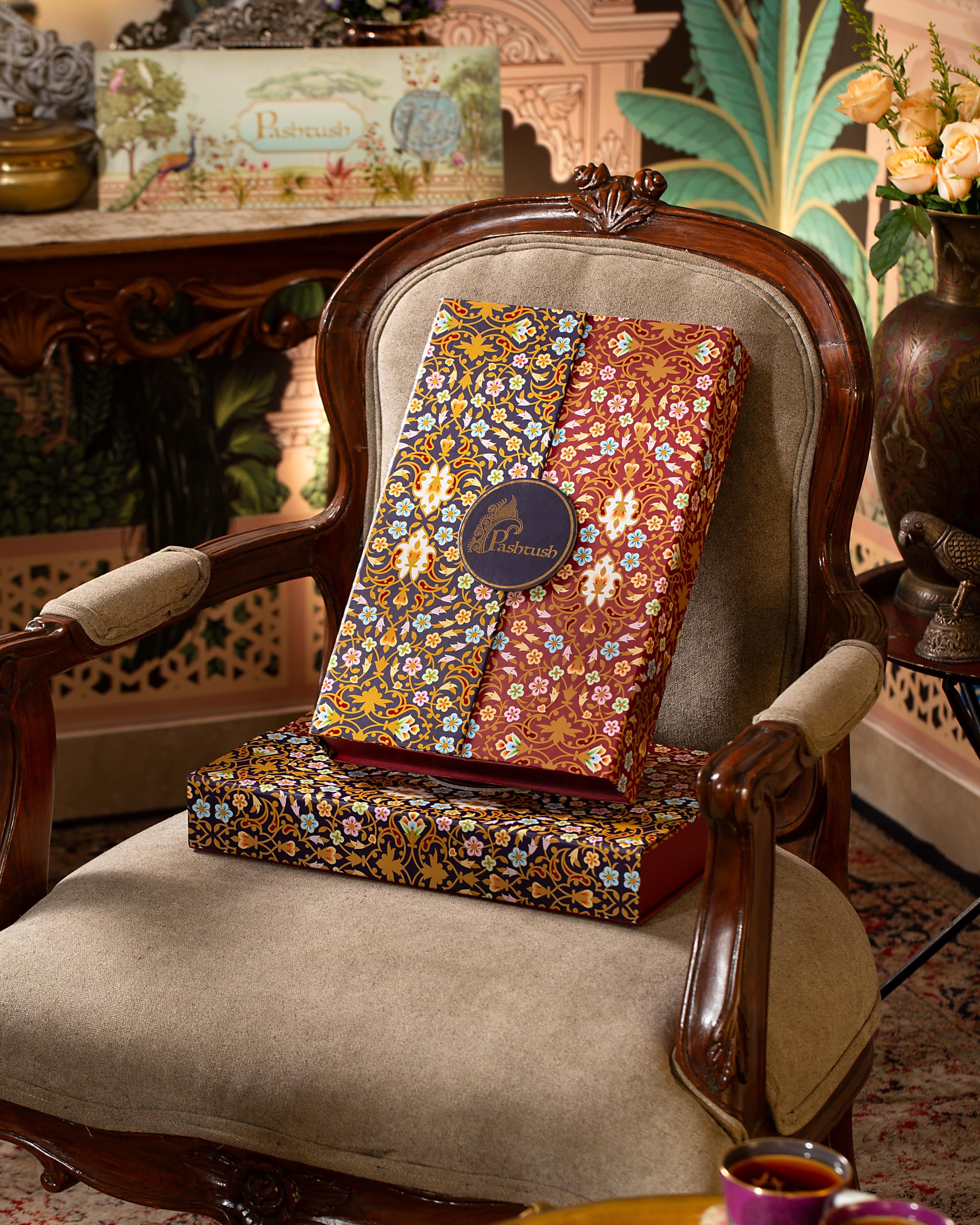Pashtush His And Her Set Of Fine Wool Shawl and Woolmark Stole, Premium Gift Box Packaging, Beige and Multicolour
