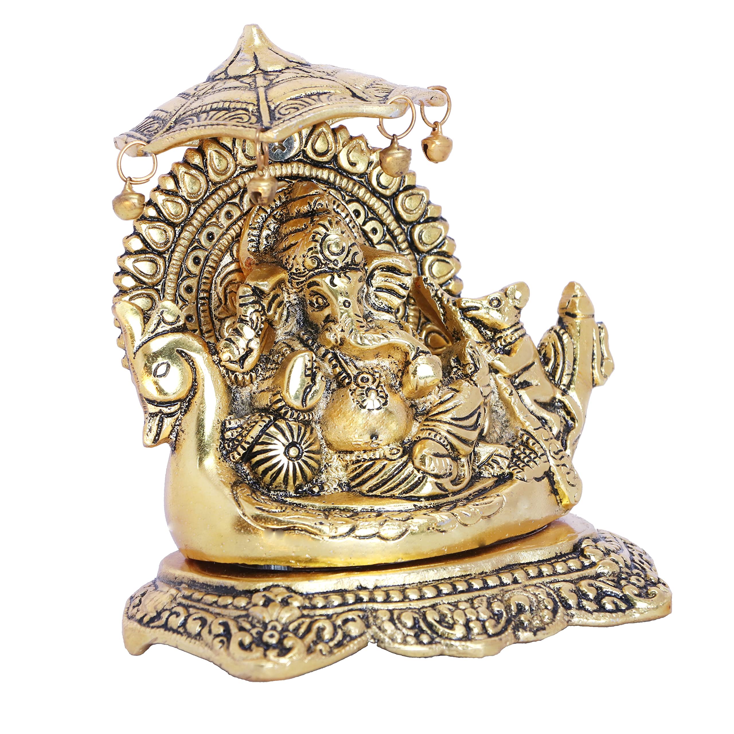 KridayKraft Metal Ganesha Statue Sitting on Boat, ganpati Bappa Religious Idol,Metal Ganesh ji Showpiece Figurines- Medium, Gold