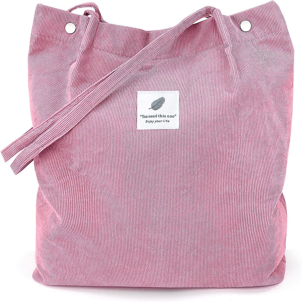 Kawn Women Corduroy Shopper Tote Bag Canvas Shoulder Cord Purse Reusable Shopping Bag Grocery Bag Large Capacity Washable Handbag Shoulder Bag With Inner Pocket For Daily Use (Light Pink)
