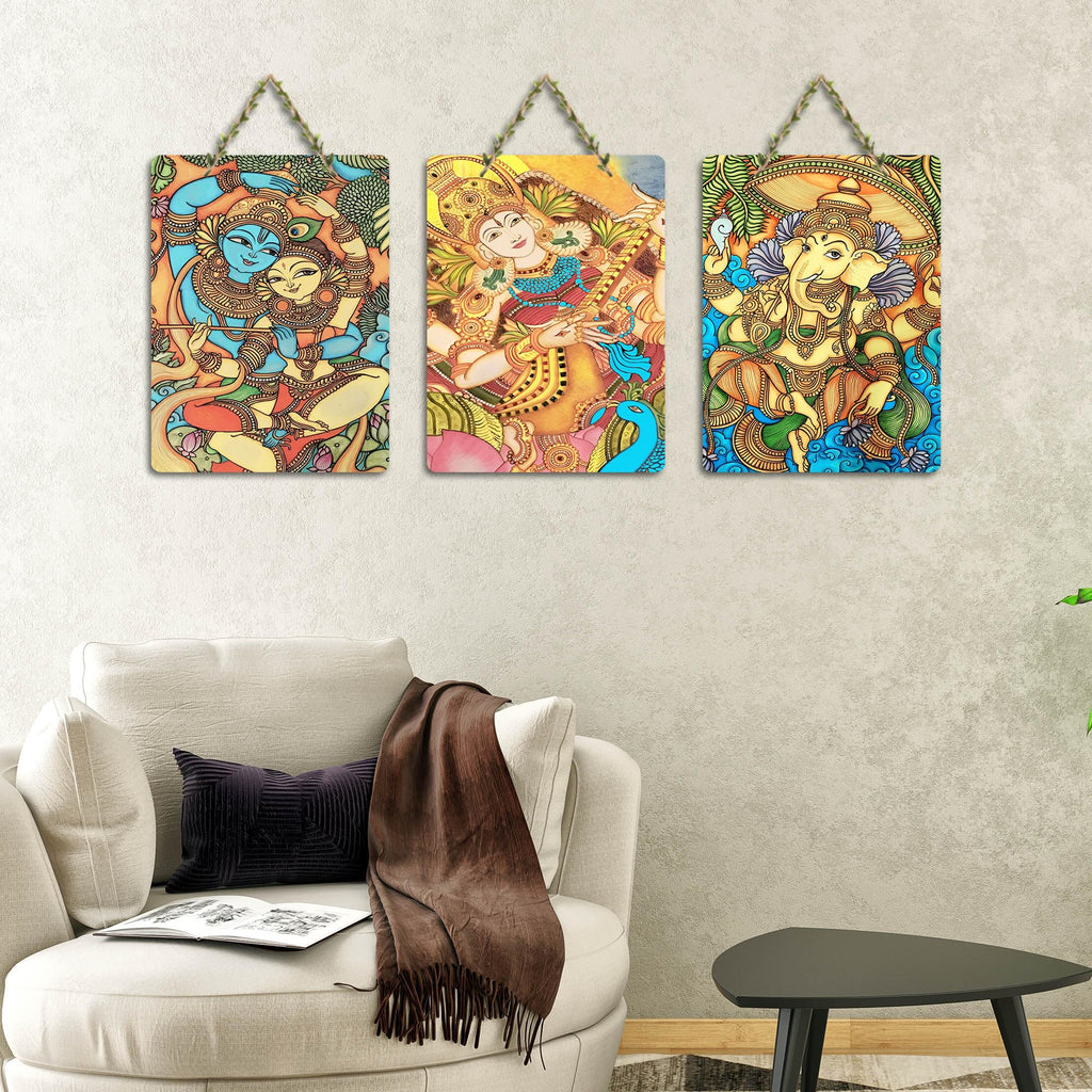 Artvibes Indian Gods Modern Art Decorative MDF Wooden Wall Art for Home | Wood Decorative Items | Modern Decoration | Artwork | Festive Decor | Wall Art Print | Unique Gift Items (WH_96177N), Set of 3