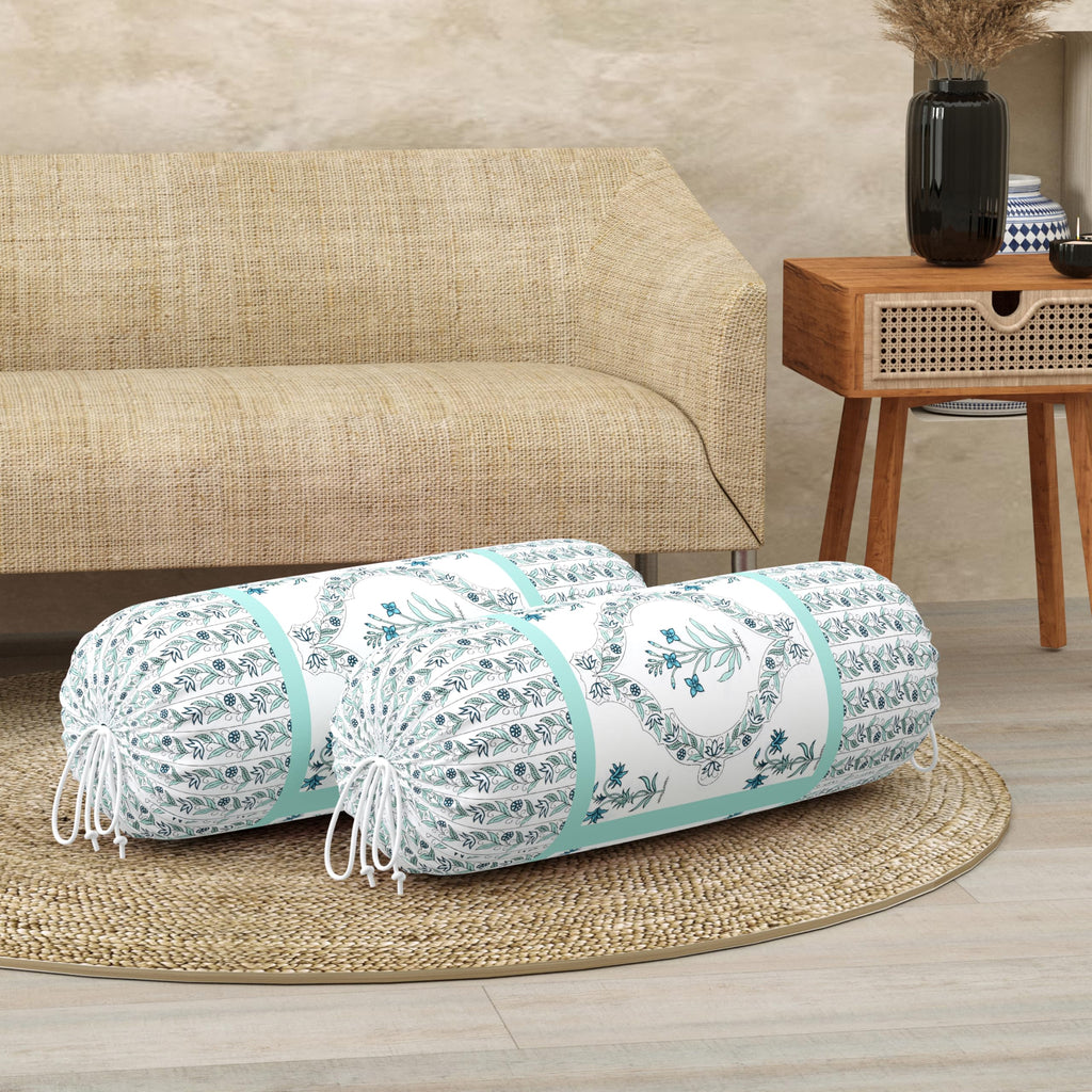 BLOCKS OF INDIA Cotton Hand Block Printed Bolster Cover | Booster Cover with Drawstring | Round Long Pillow Cover for Bed | Dewan Pillow Cover Set 16 X 32 | Set of 2 (Turquoise BEL)