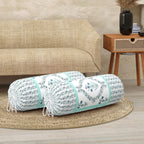 BLOCKS OF INDIA Cotton Hand Block Printed Bolster Cover | Booster Cover with Drawstring | Round Long Pillow Cover for Bed | Dewan Pillow Cover Set 16 X 32 | Set of 2 (Turquoise BEL)