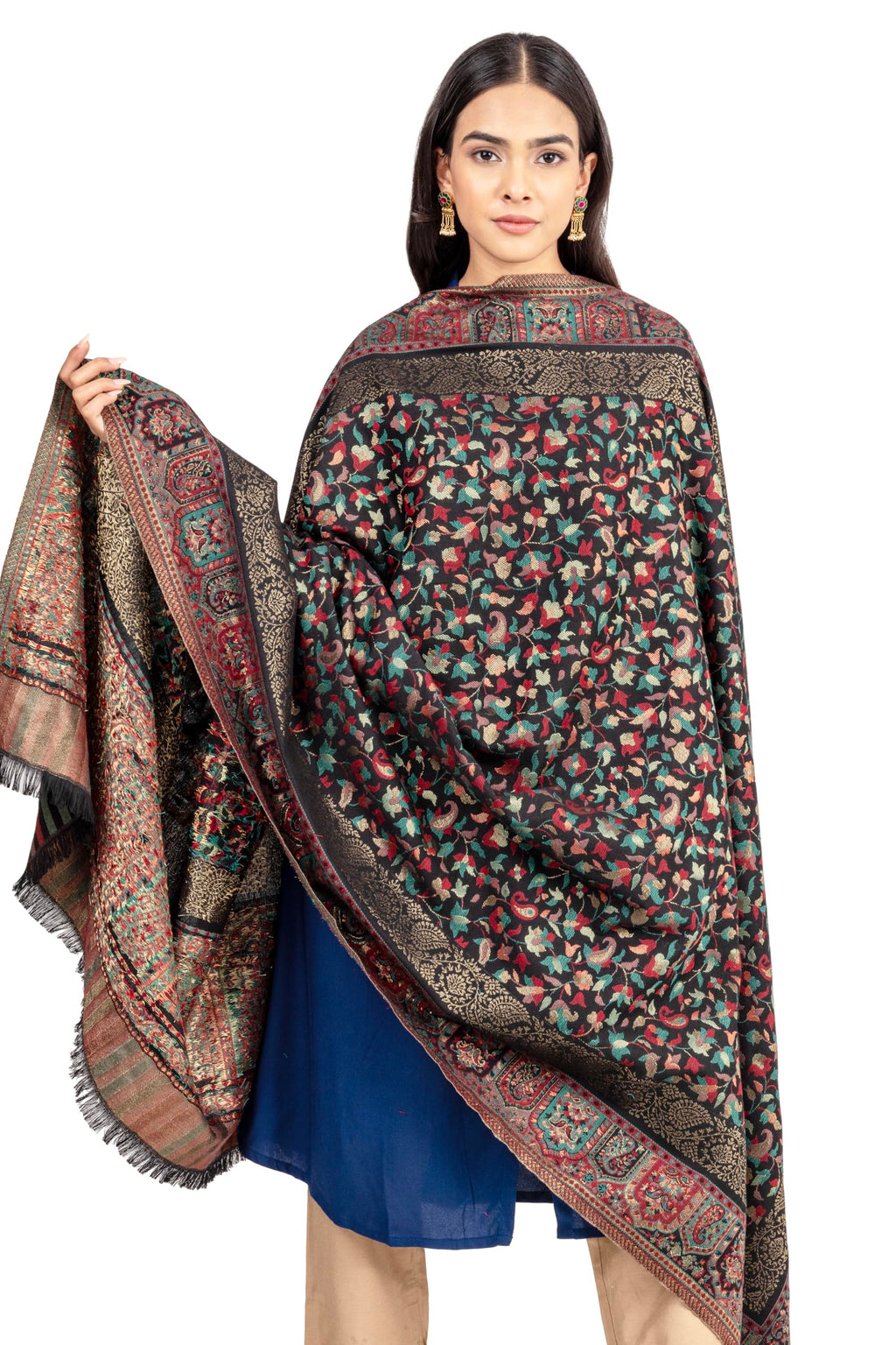 Naureen Women Faux Pashmina Kani Shawl with Mughal Artwork and Zari Accents, Warm and Soft, 40x80 inch