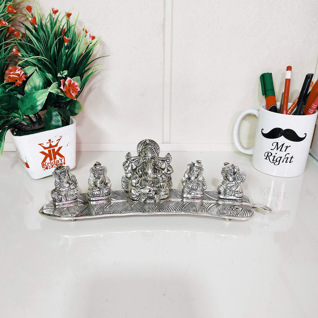 KridayKraft White Metal 5 Ganesh Silver Plated with Musical Instrument on Leaf for Home Décor Musical Ganesha for Home Décor of Corporate Gift, Diwali, House