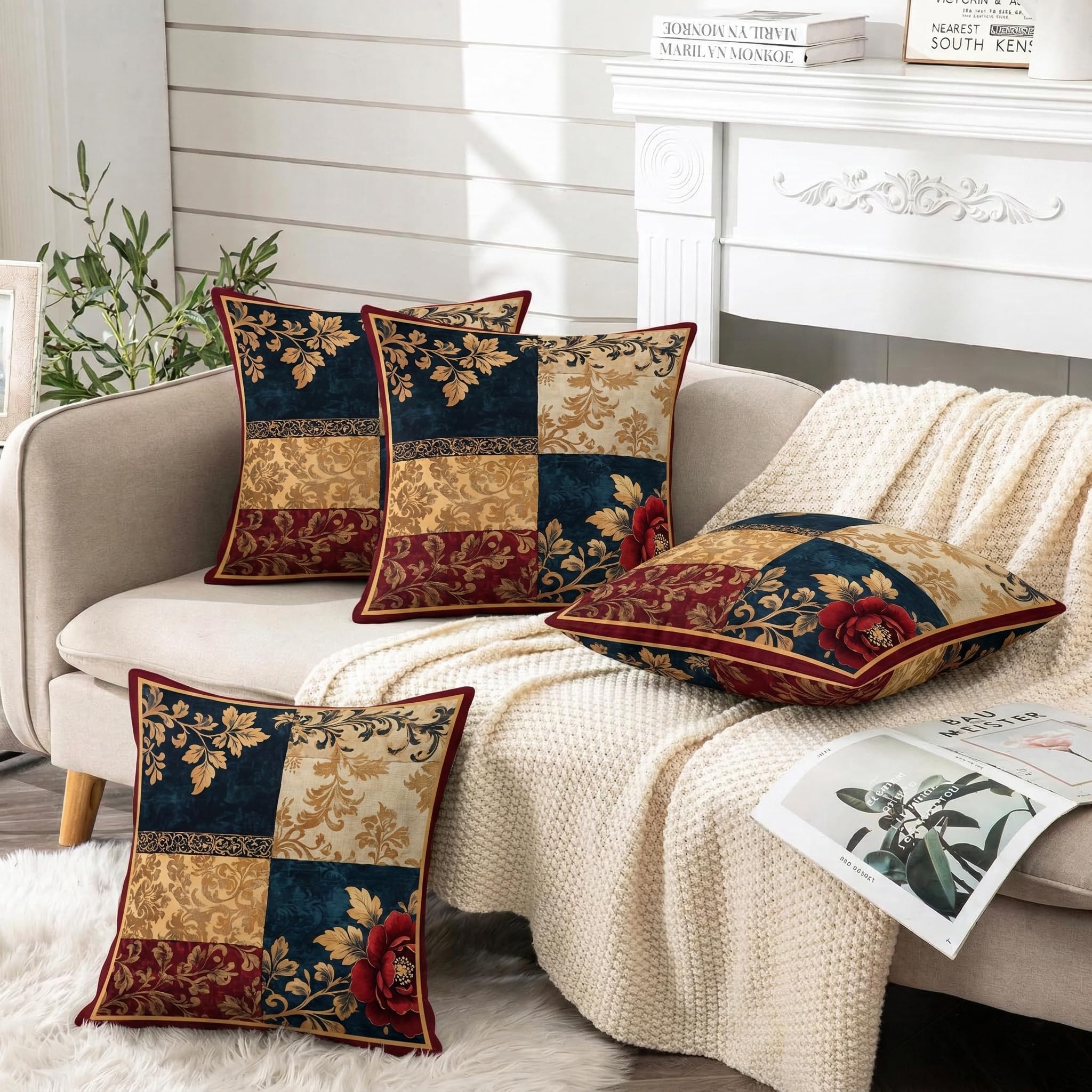 ishro home Premium Cushion Cover 18 inch x 18 inch | Luxury European Mosha Fabric | Love at First Sight Designs | Hidden Zipper | Machine Washable, Non- Fading | (4, Jodhpuri Royale, 18 x 18 Inches)