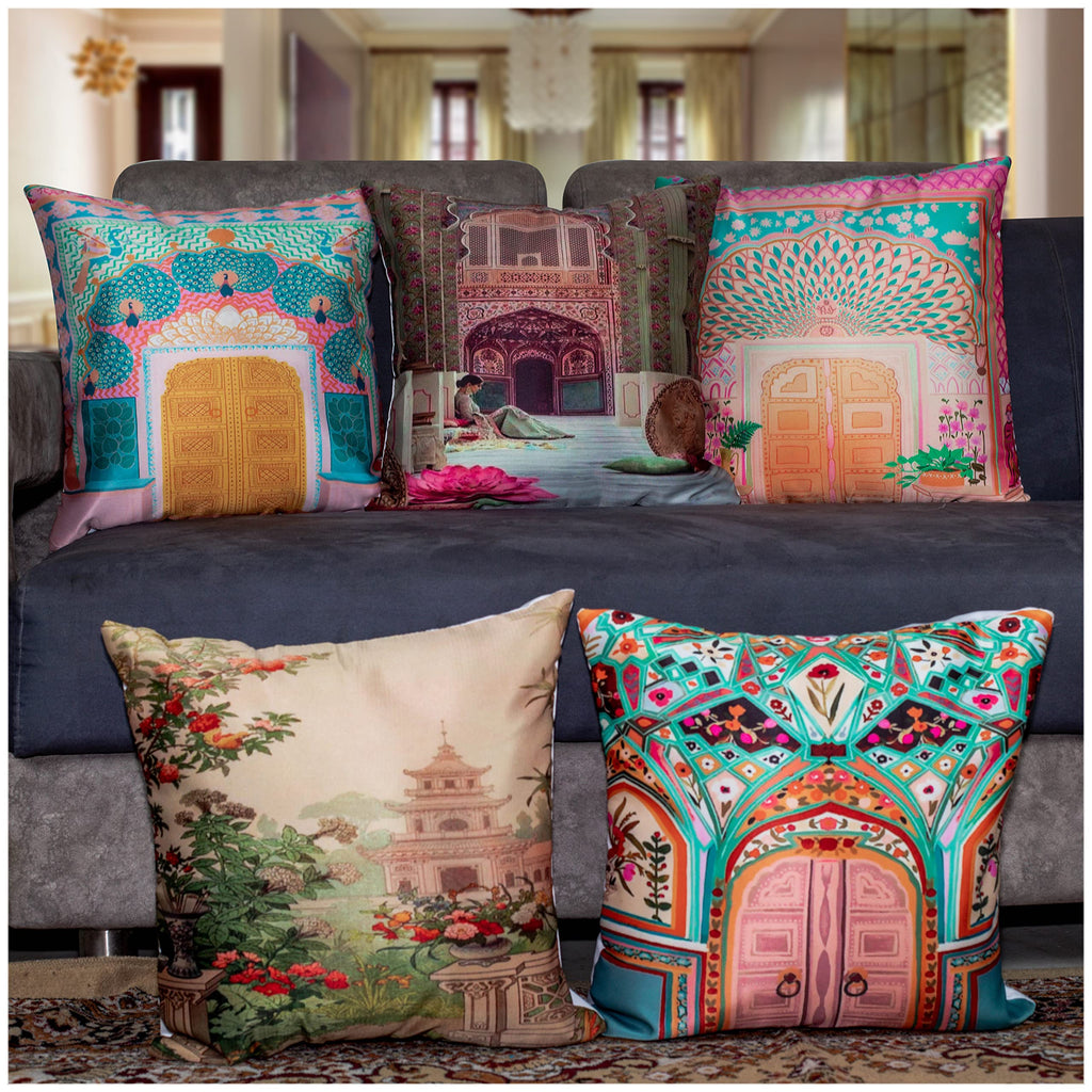 Vendola Decorative Satin Sofa Cushion Covers Set of 5, 18 inch x 18 inch, Sofa Pillow Cover, Ethnic Festive, Multicolor, Palace, Rajasthani Design Zipper Closure (Dwars, 18X18 Inches)