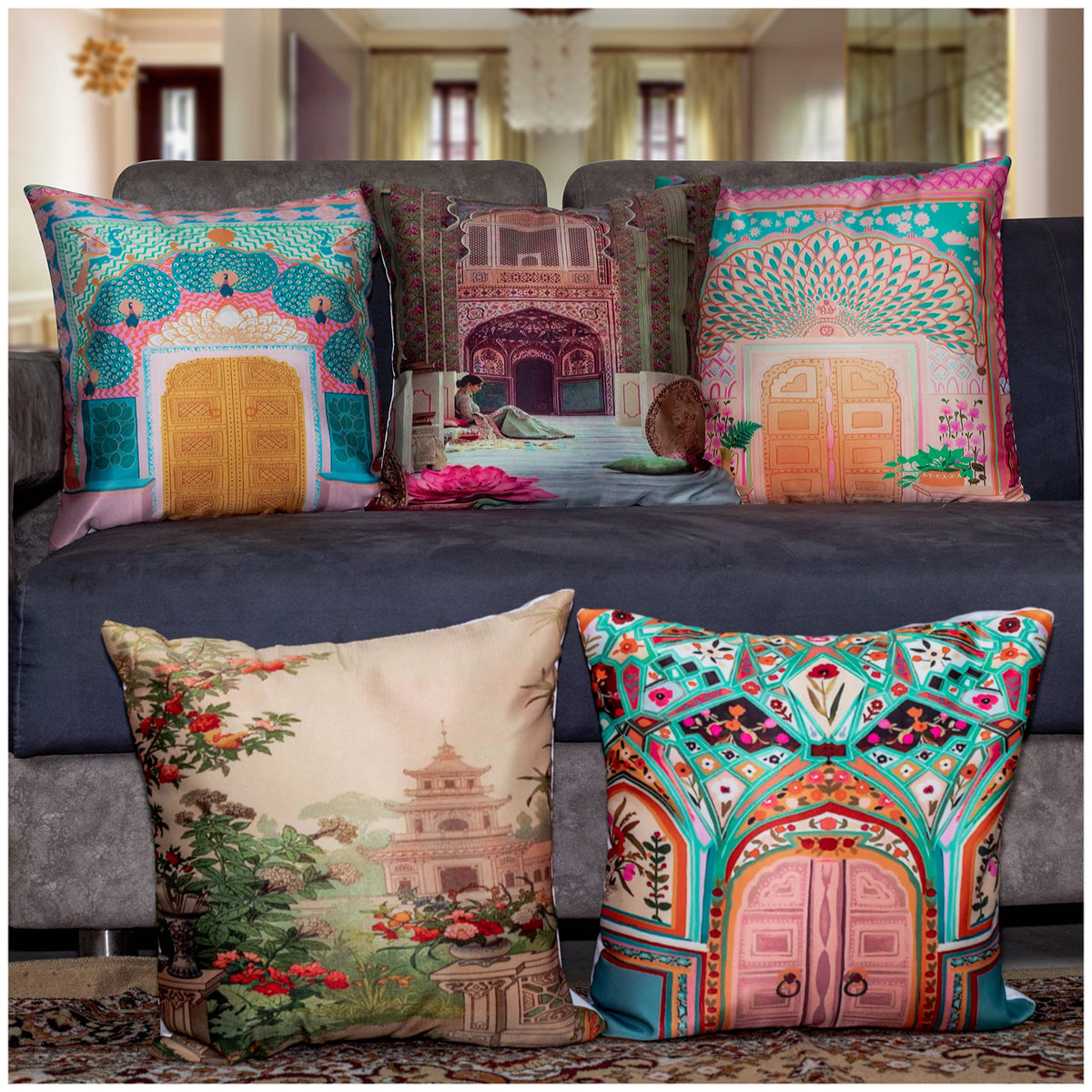 Vendola Decorative Satin Sofa Cushion Covers Set of 5, 20 Inch x 20 inch, Sofa Pillow Cover, Ethnic Festive, Multicolor, Palace, Rajasthani Design Zipper Closure (Dwars, 20X20 Inches)