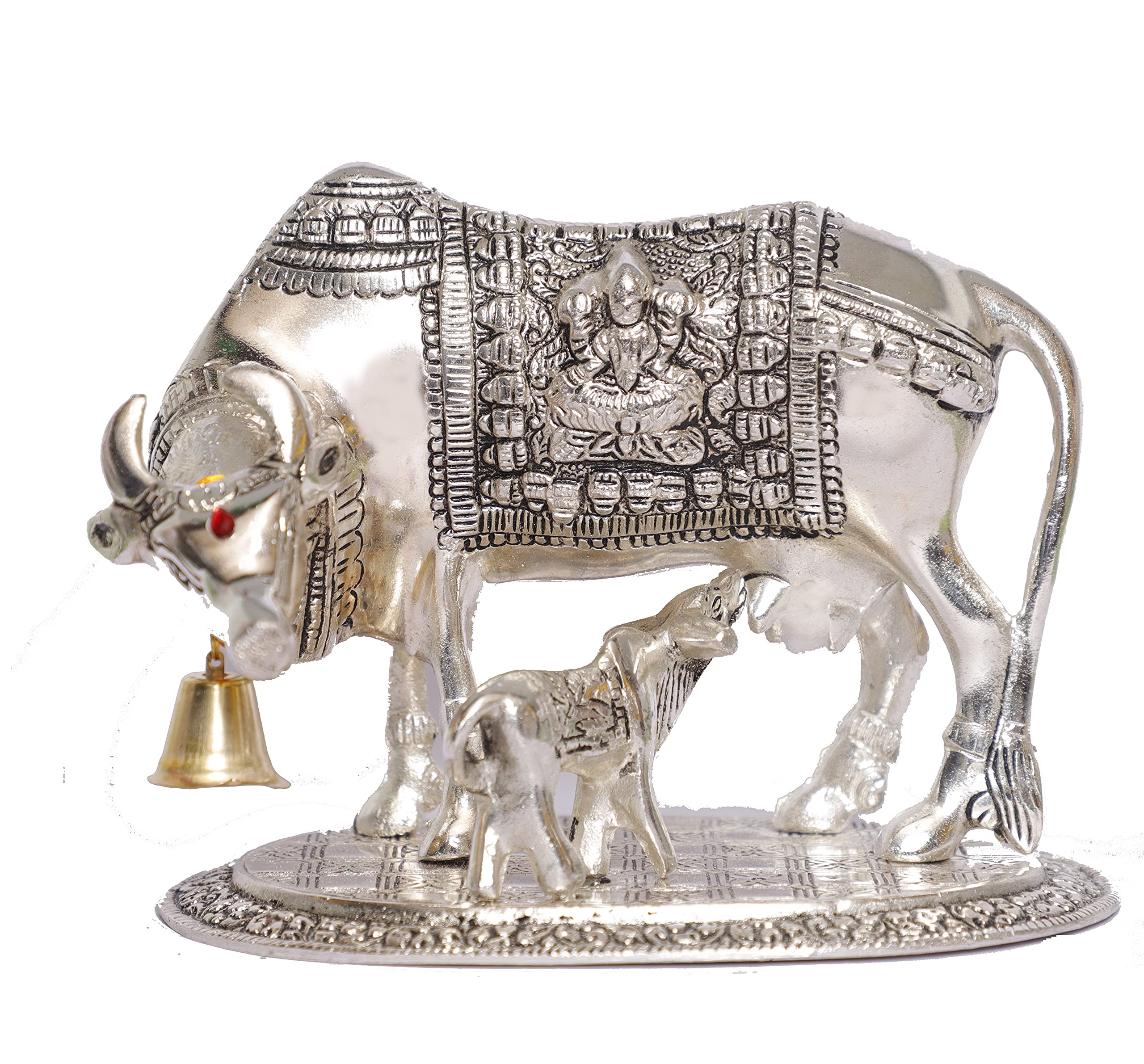 Prince Home Decor & Gifts Metal Kamdhenu Cow with Calf Statue (Silver)