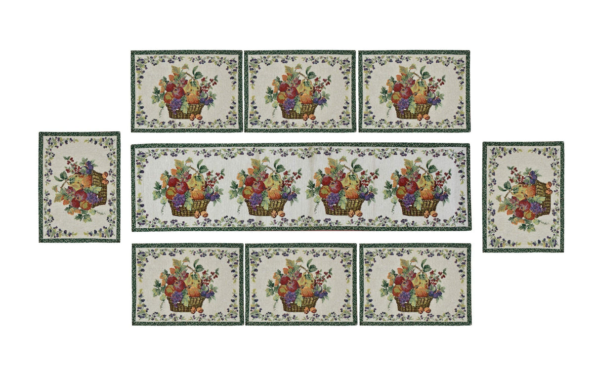 JBG HOME STORE Jacquard Cotton Kitchen Mat - Washable & Heat Resistant Cloth - 8 Dining Table Place Mats With Runner, 13 x 18 Inches & 13 x 54 Inches, Basket Kafalo