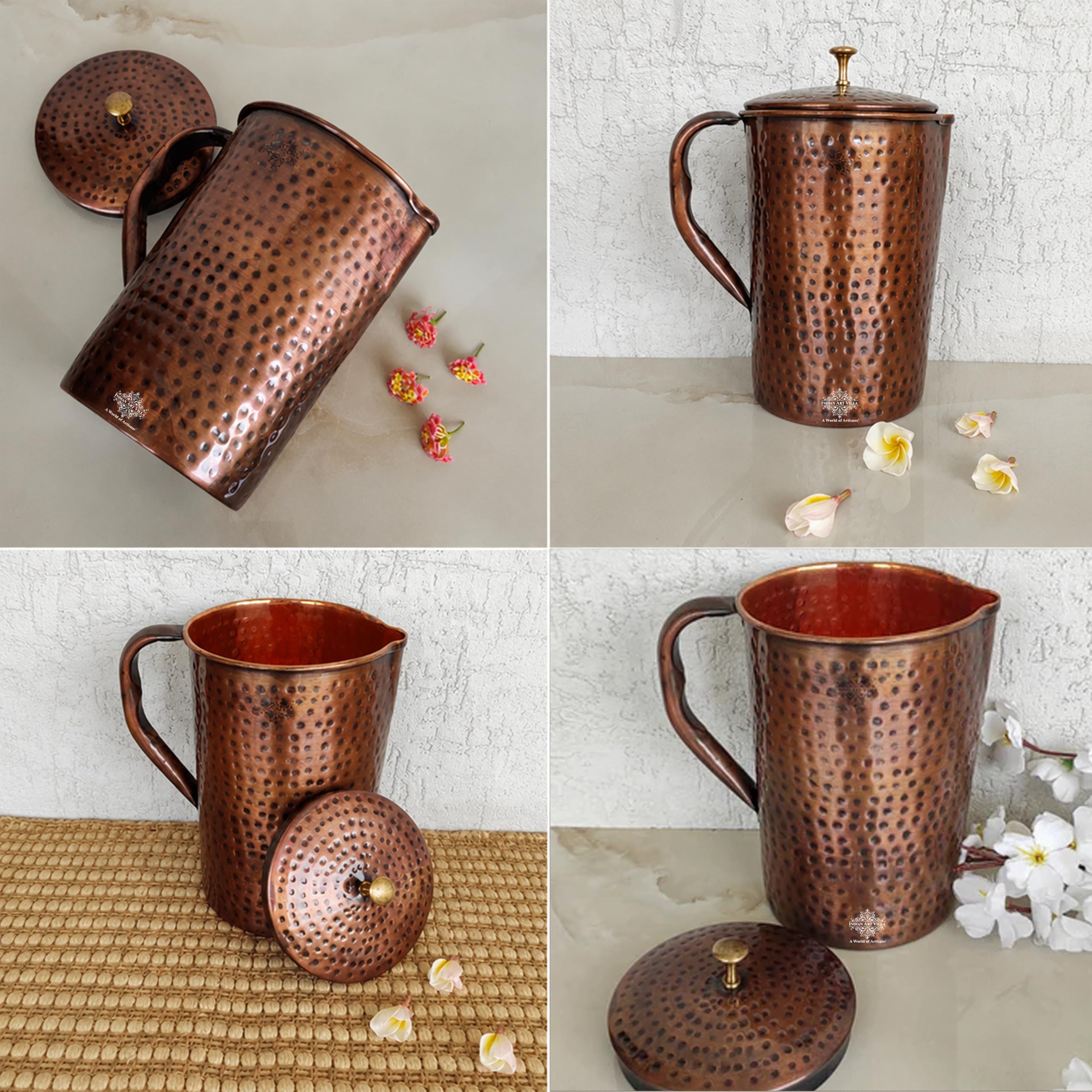 Indian Art Villa Hammered Design Antique Dark Tone Copper Jug Pitcher, Storage & Serving Water, Yoga Ayurveda Healing, 1000 ML