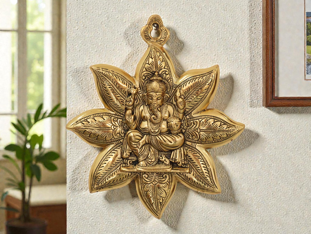 KridayKraft Metal Ganesha Wall Hanging, Golden Finish, Star Shaped Decorative, 30 cm Height, 26 cm Width, 550 GM