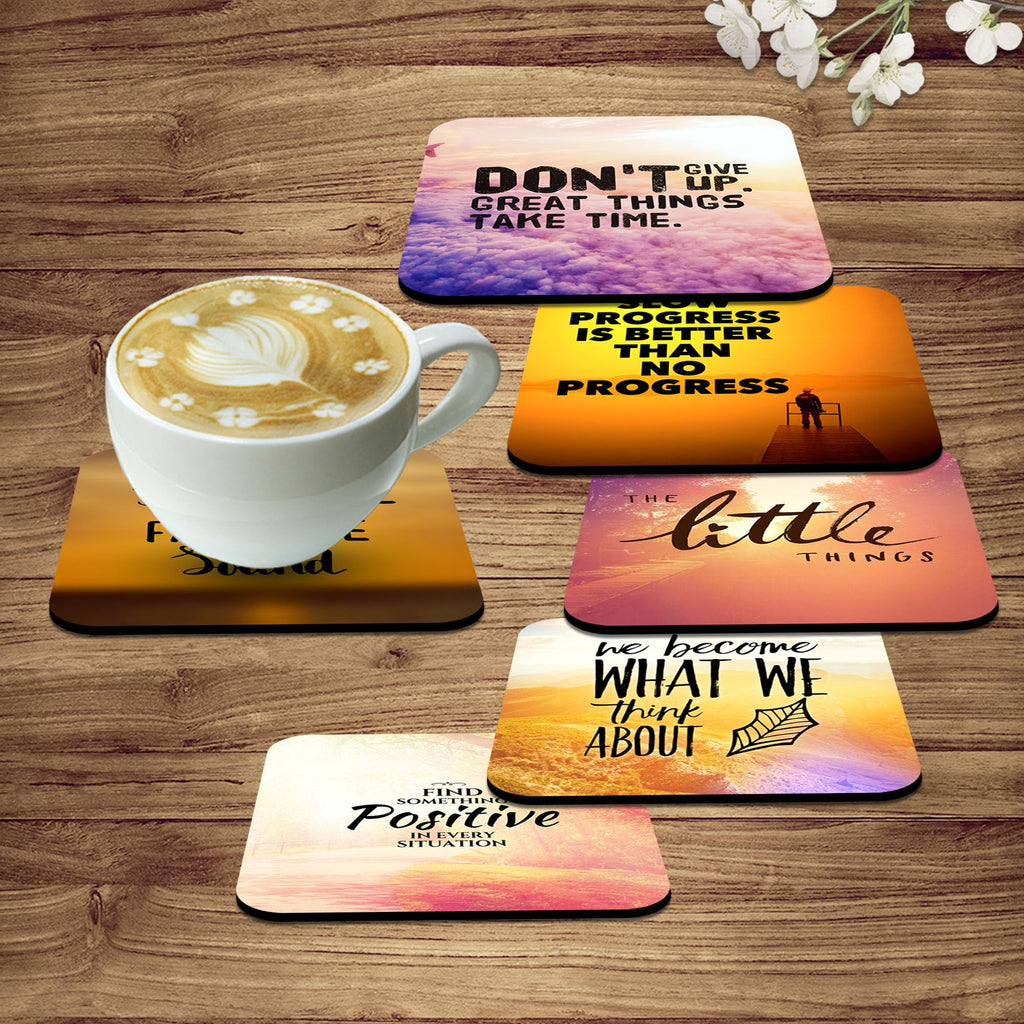 Artvibes Printed MDF Wooden Coasters for Home and Kitchen | Dining Table Decor | Square Coasters | Kitchen Decorative Items | Table Decoration | Home Decor (Set of 6 | 4x4 Inch)(Quotes) TC_2012