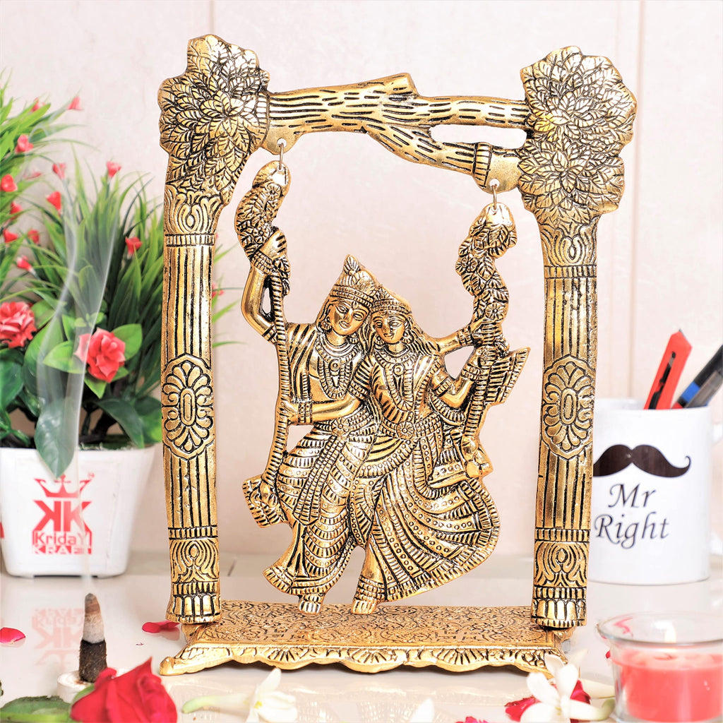 KridayKraft Metal Gold Plated Radha Krishna Idol on Swing Jhula Decorative Showpiece Figurine Religious Idols for Home Office Statue Murti for Decoration & Pooja Gifting Purpose Sculpture