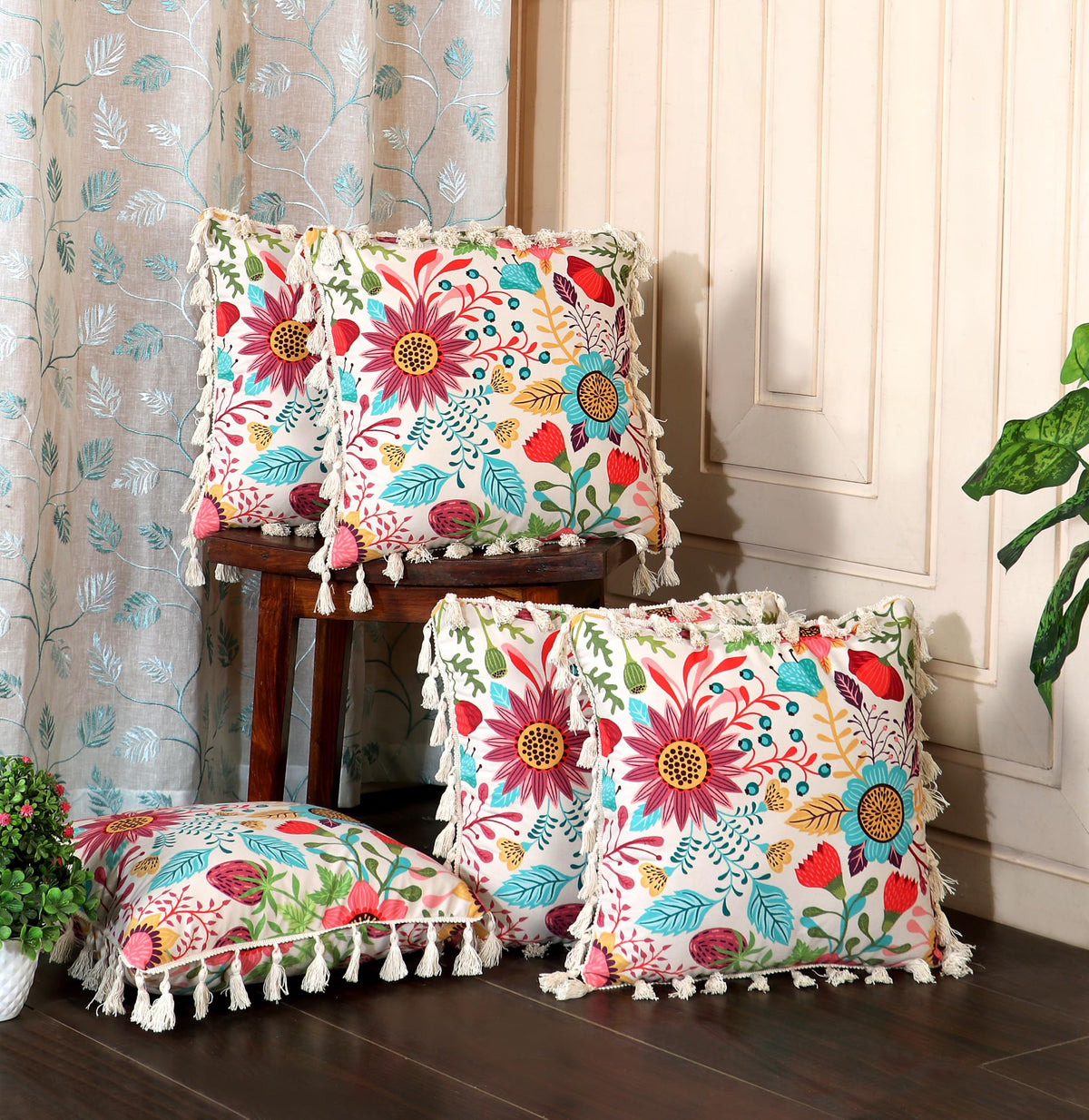 ishro home Premium Cushion Cover 18 inch x 18 inch | Set of 5 – Soft European Standard Fabric, Frill Design, Machine Washable | (5, Sun Garden, 18x18 Inch)