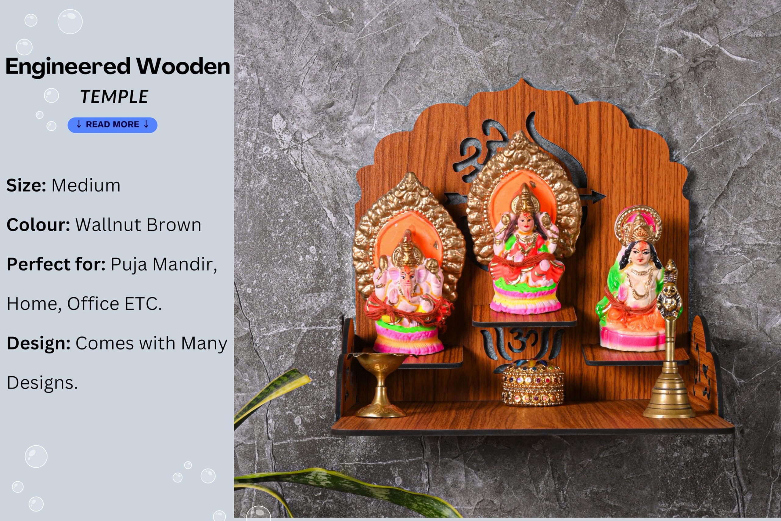 GOJEEVA KRAFT Engineered Wood Hand Crafted Carved Pattern Home Temple for Idols Temple for Home and Office I Swastik Carved | Set Top Box Stand I Wooden Mandir (Pack of 1) (Medium)