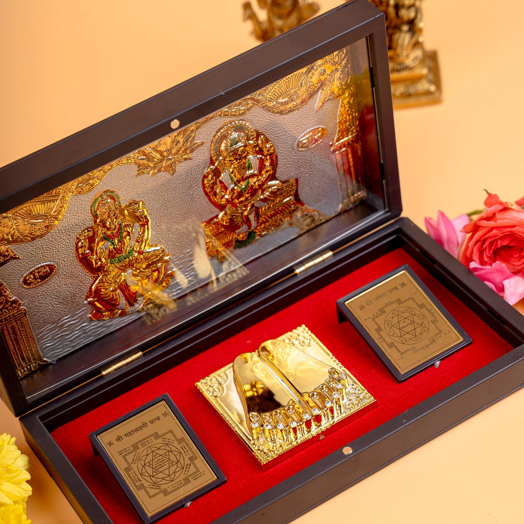 anciently Laxmi Ganesh Pocket Temple with Charan Paduka for Diwali Gift, House Warming Gifts, Return Gift Puja Box (Rectangle Shaped, Gold Plated, 1 Piece)