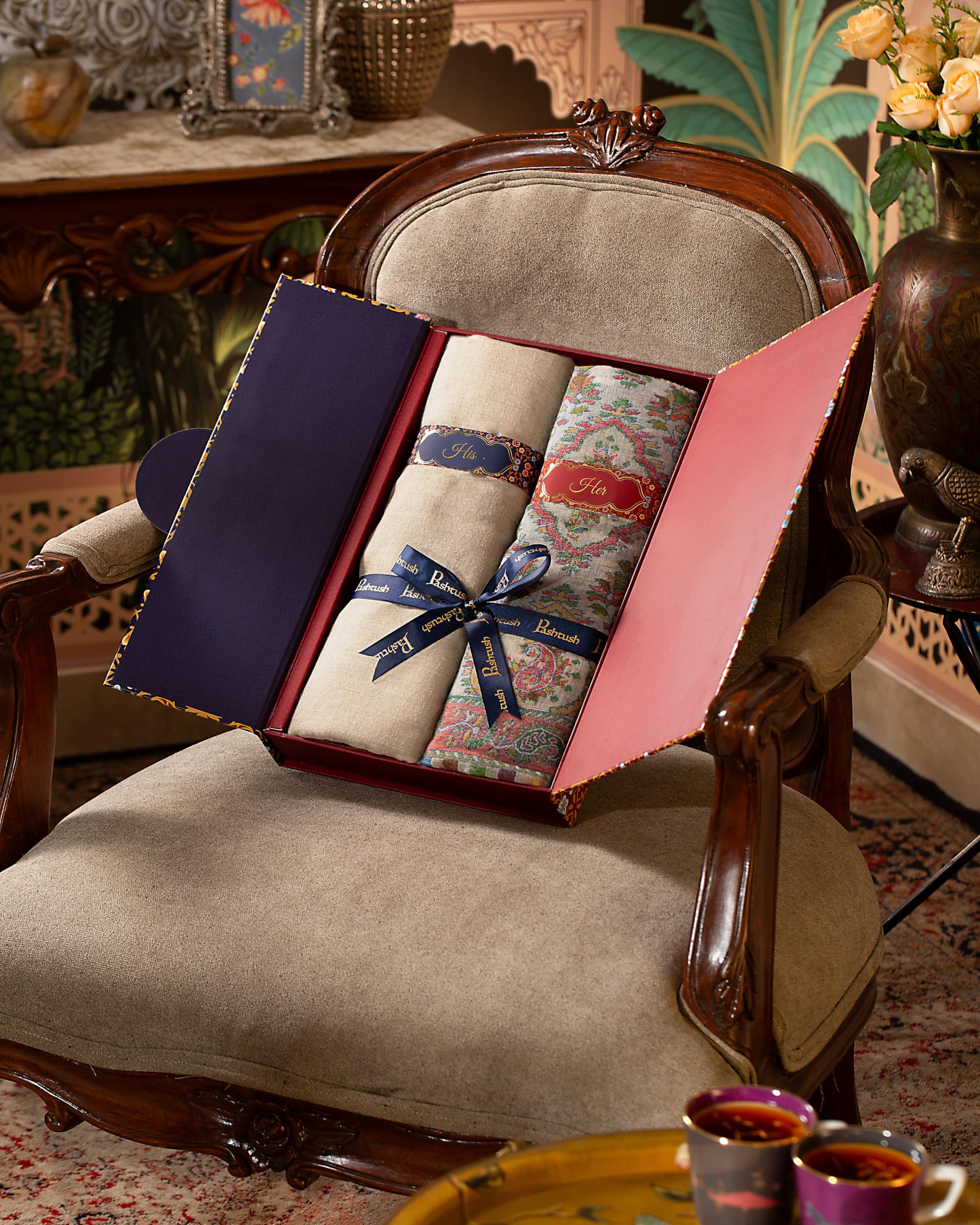 Pashtush His And Her Set Of Fine Wool Shawl and Woolmark Stole, Premium Gift Box Packaging, Beige and Multicolour