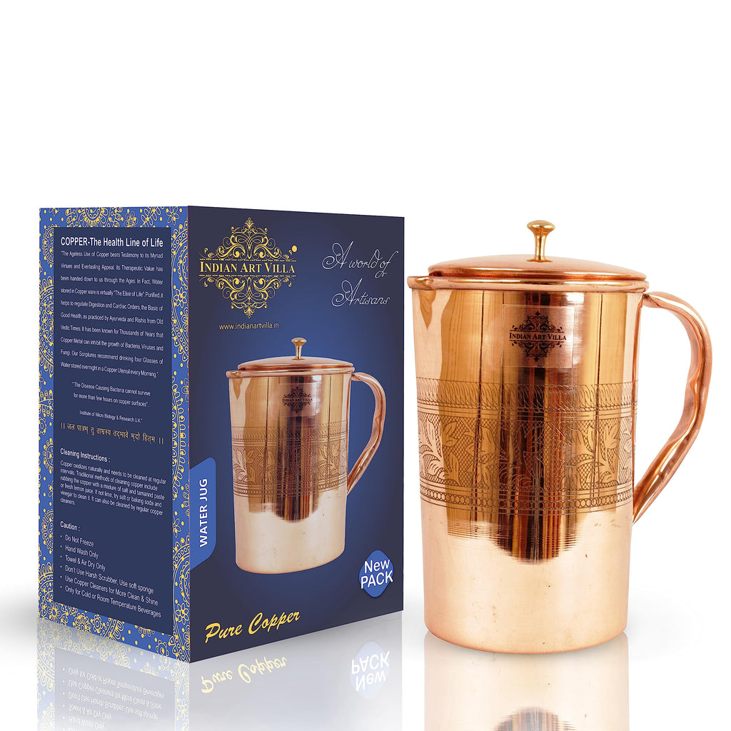 IndianArtVilla Embossed Design Copper Jug Pitcher with Brass Noob, Serveware & Drinkware, Beneficial for Health, 1000 ML
