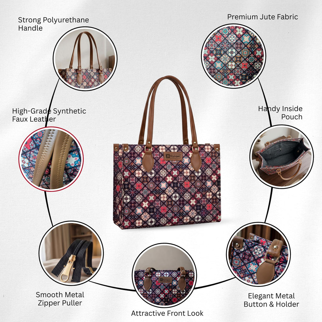Stylique Premium Jute Tote Bag for Woman | Big Size Hand Bag for Women | Tote Bag with Zipper| Stylish Shopping Bag for Women with Spacious Storage - 14 Inches (Brown)