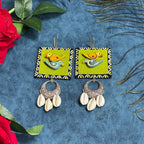 Mornny Kukku Bird Handcrafted Earrings, Boho Style with Cowrie Shell Danglers, Traditional Design, Green and Yellow, Birthdays Festivals