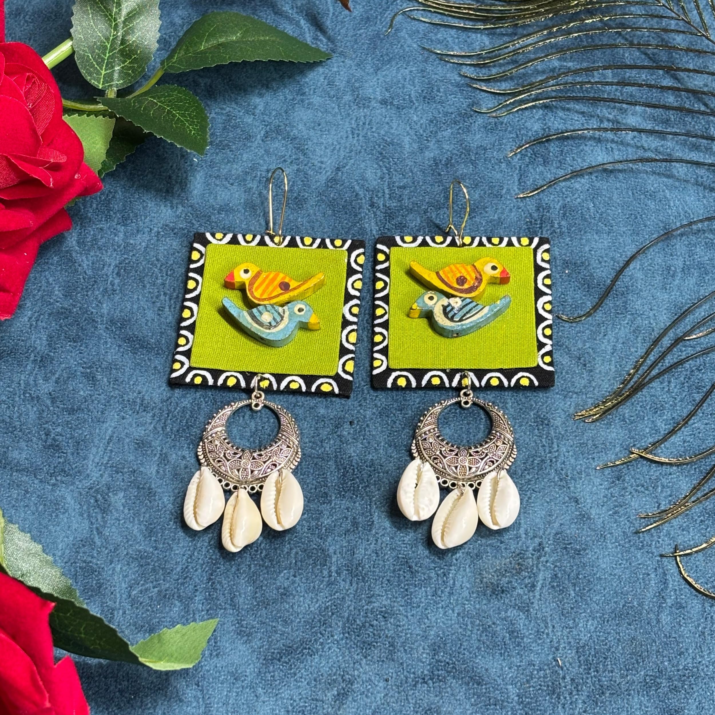 Mornny Kukku Bird Handcrafted Earrings, Boho Style with Cowrie Shell Danglers, Traditional Design, Green and Yellow, Birthdays Festivals