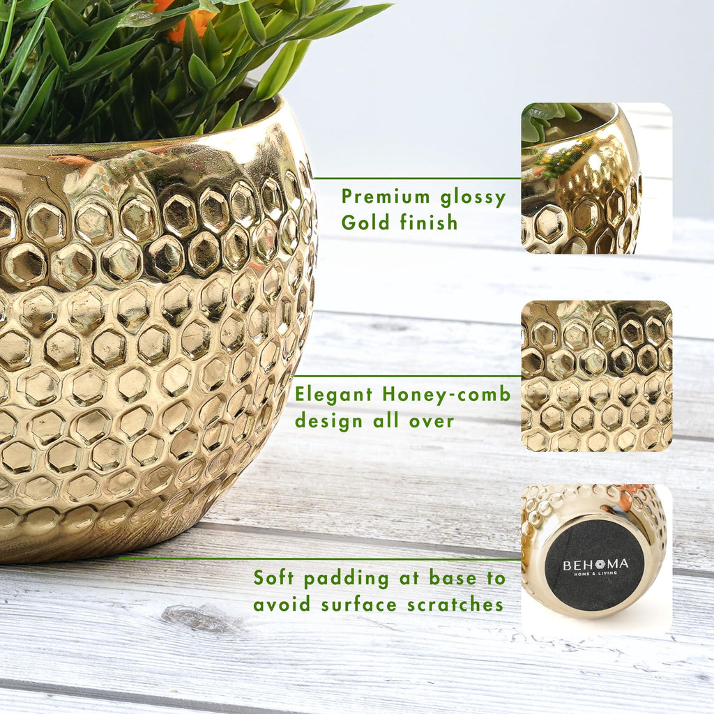 BEHOMA Metal Honeycomb Design Golden Planter for - Set of 2