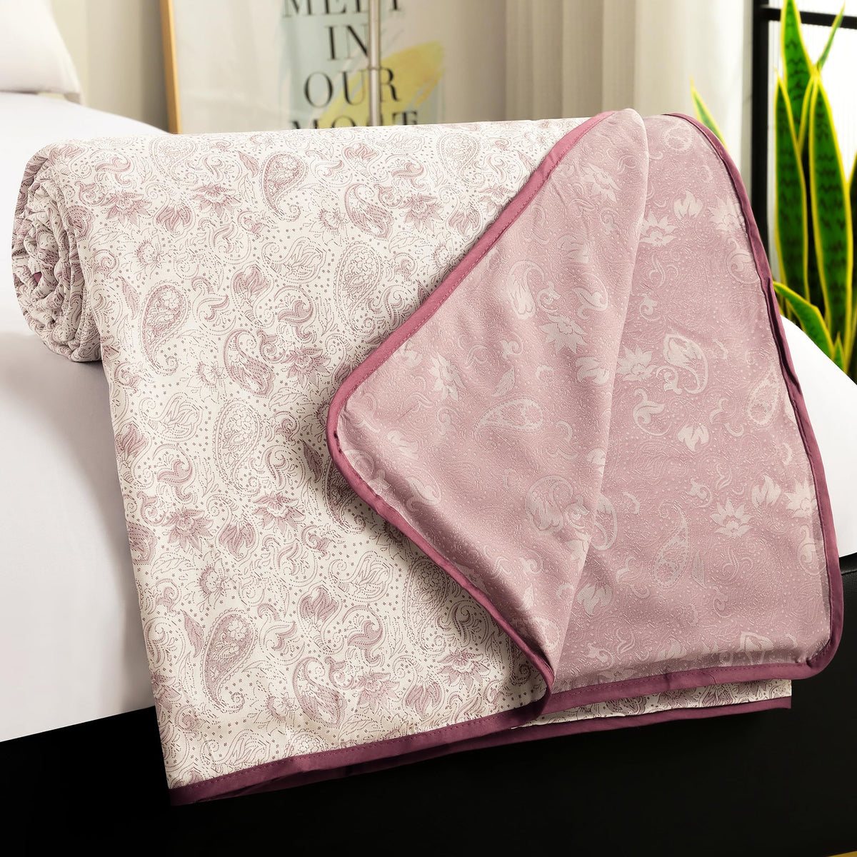 Story@Home Dohar Single Bed Cotton 100% | 150GSM 225 x240 cm Quilt AC Blanket for Summer | AC Comforter Double Bed | White & Purple Motif Reversible Design Duvet | All-Season Blanket Kafalo