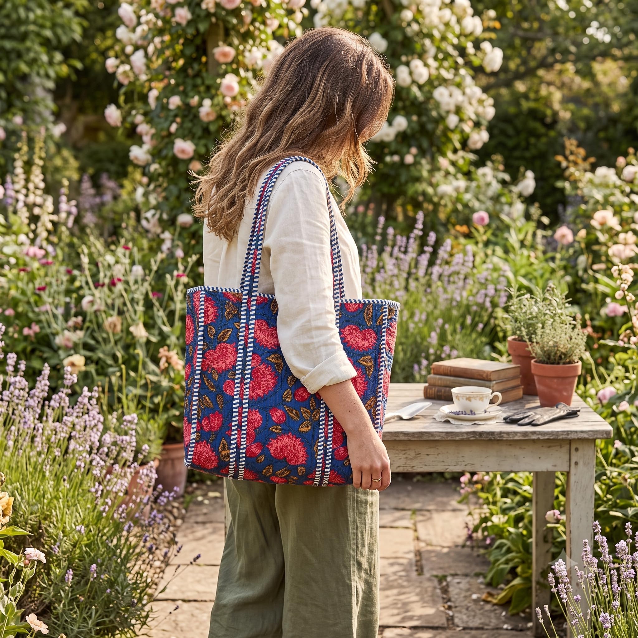 THE CURIO STREET Premium Cotton Tote Bag with Zip Closure I Quilted I Hand Block I Women's Shopping/College/Office/Everyday Bag, Shoulder Bag, 16x16 (Floral; Deep Blue)