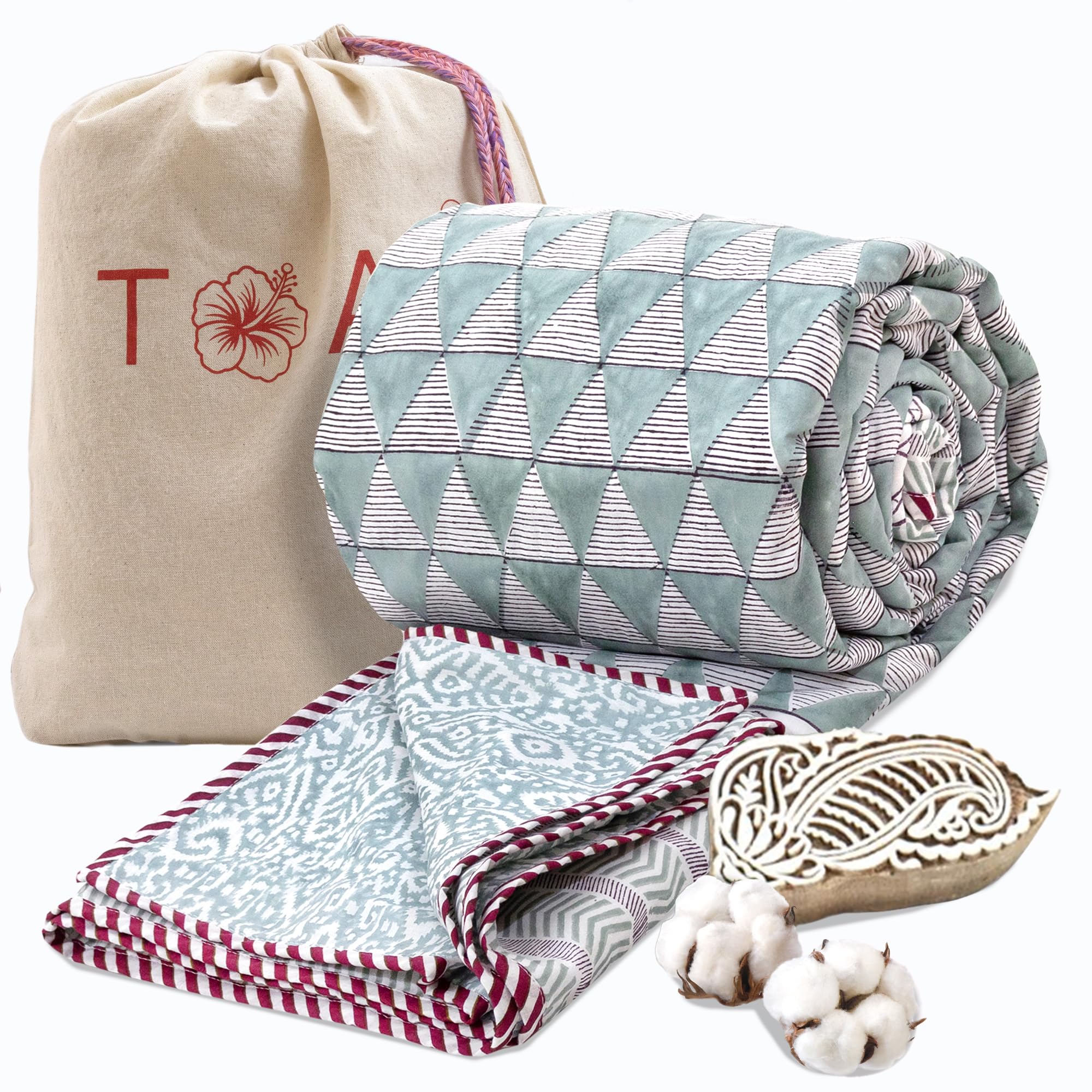 TOAIArt Premium Jaipuri Dohar | AC Blanket Summer Quilt | Hand Block Printed | 3 Layers | Reversible | 150GSM 100% Mulmul Cotton | 100% Cotton Flannel Filling | Queen 90 X 108 |Geometric Triangles Kafalo