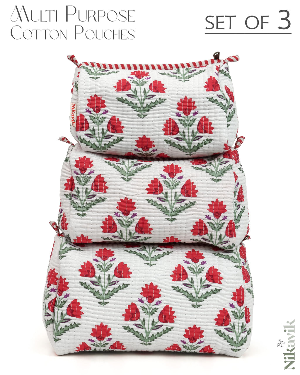 NIKAVIK 1 Tote Bag and 3 Pouches | Jaipuri Quilted fabric Handblock Printed Tote Bag (with zip closure and bottle compartment) with Matching Pouches (White Red)