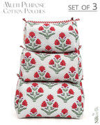 NIKAVIK 1 Tote Bag and 3 Pouches | Jaipuri Quilted fabric Handblock Printed Tote Bag (with zip closure and bottle compartment) with Matching Pouches (White Red)