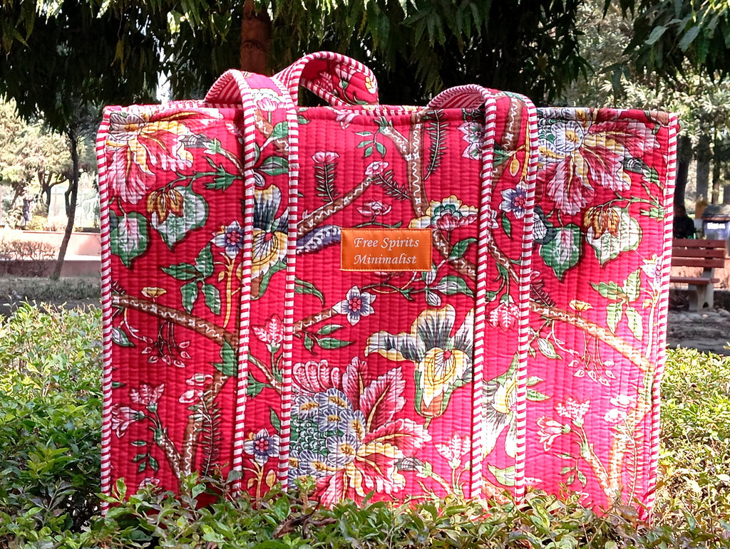 Cotton Tote bag for Women | Shoulder Bag | Reversible Bag | Durable Shopping bag | Reusable Grocery Bags | Eco friendly Bags| Handmade Cotton Bag | Stylish Quilted handBag (Red and Yellow))