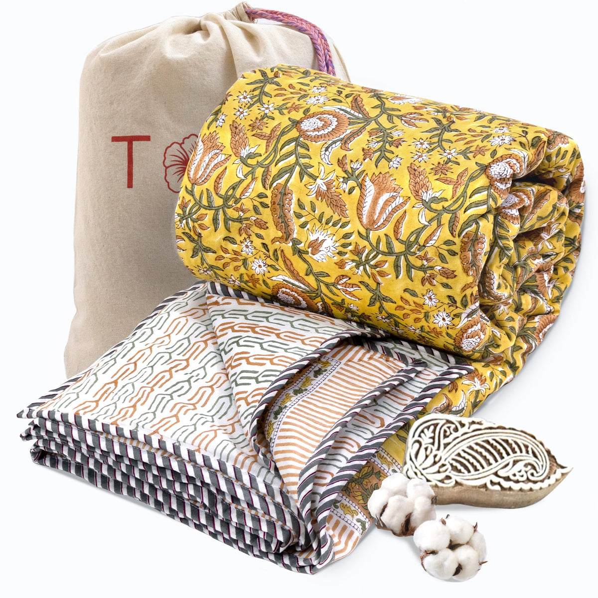 TOAIArt Premium Jaipuri Dohar | AC Blanket Summer Quilt | Hand Block Printed | 3 Layers | Reversible | 150GSM 100% Mulmul Cotton | 100% Cotton Flannel Filling | Queen 90 X 108|MohanVan Kafalo