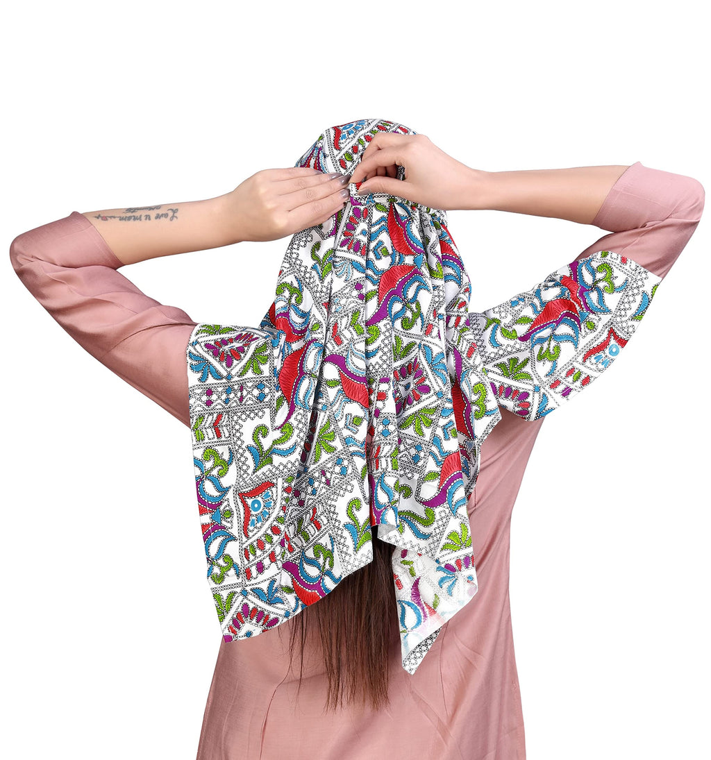 7 season's Female Cotton Short Scarf Cum Mask Universal Size/Usable For Vehicle Driver For Sunlight Uv Protection/White Printed Design (White Jaipuri, Free)