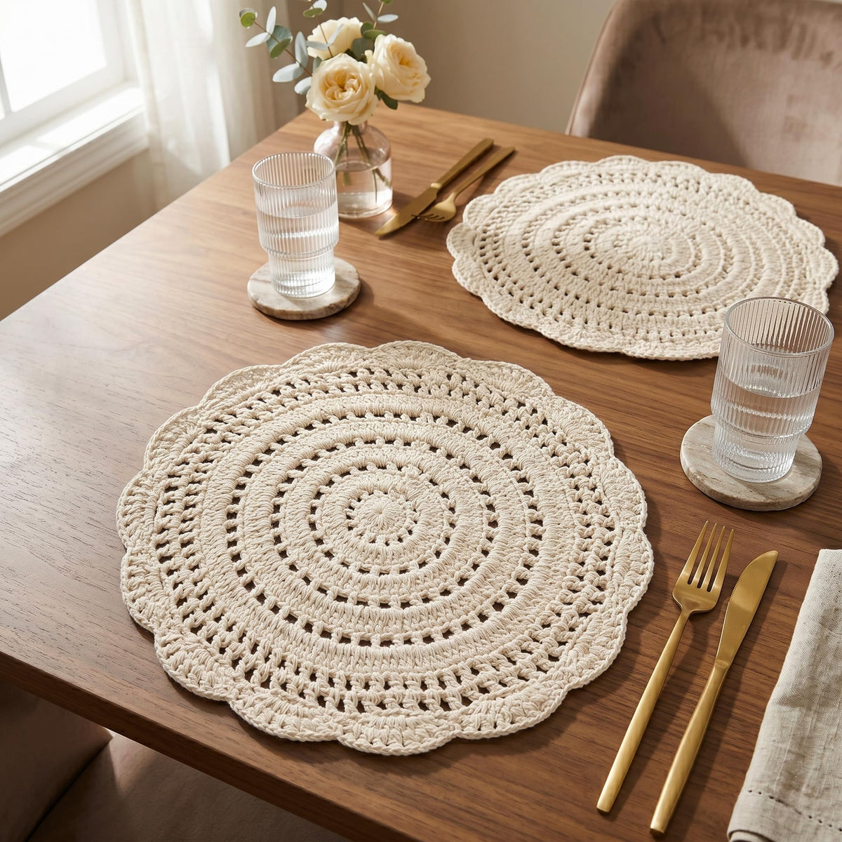 R home Set of 2 Crochet Placemats for Dining Table I 100% Cotton Crochet Table mats I 15 Inch (30 CM) Round I Hand Made Heavy Anti-Skid Placemat I Perfect for Dining Table Decor Kafalo