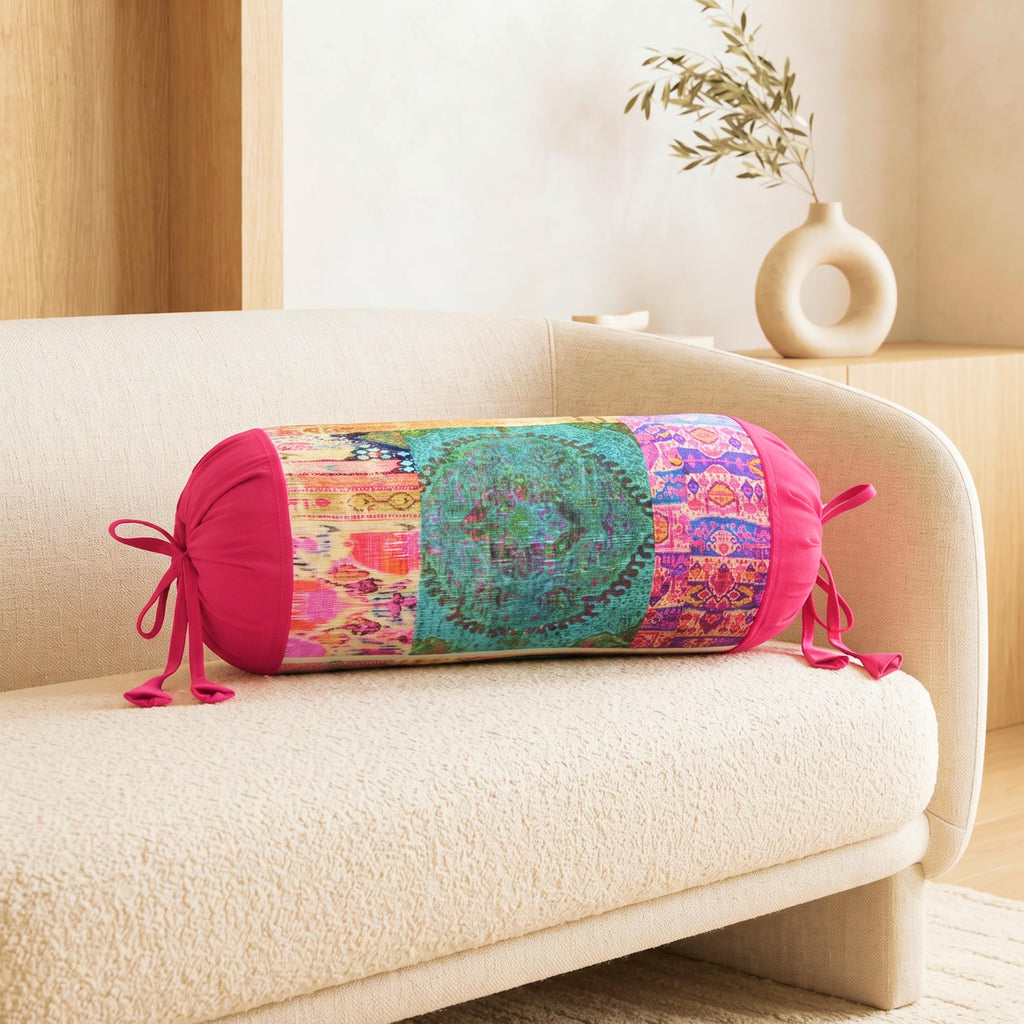 SAJAVAT HOME Printed Multicolour Bolster Cover | 32x15 Inch Round Side Pillow Covers with Adjustable Ties | Stylish Diwan Cushion Covers for Sofa, Bed & Couch Pack of 1