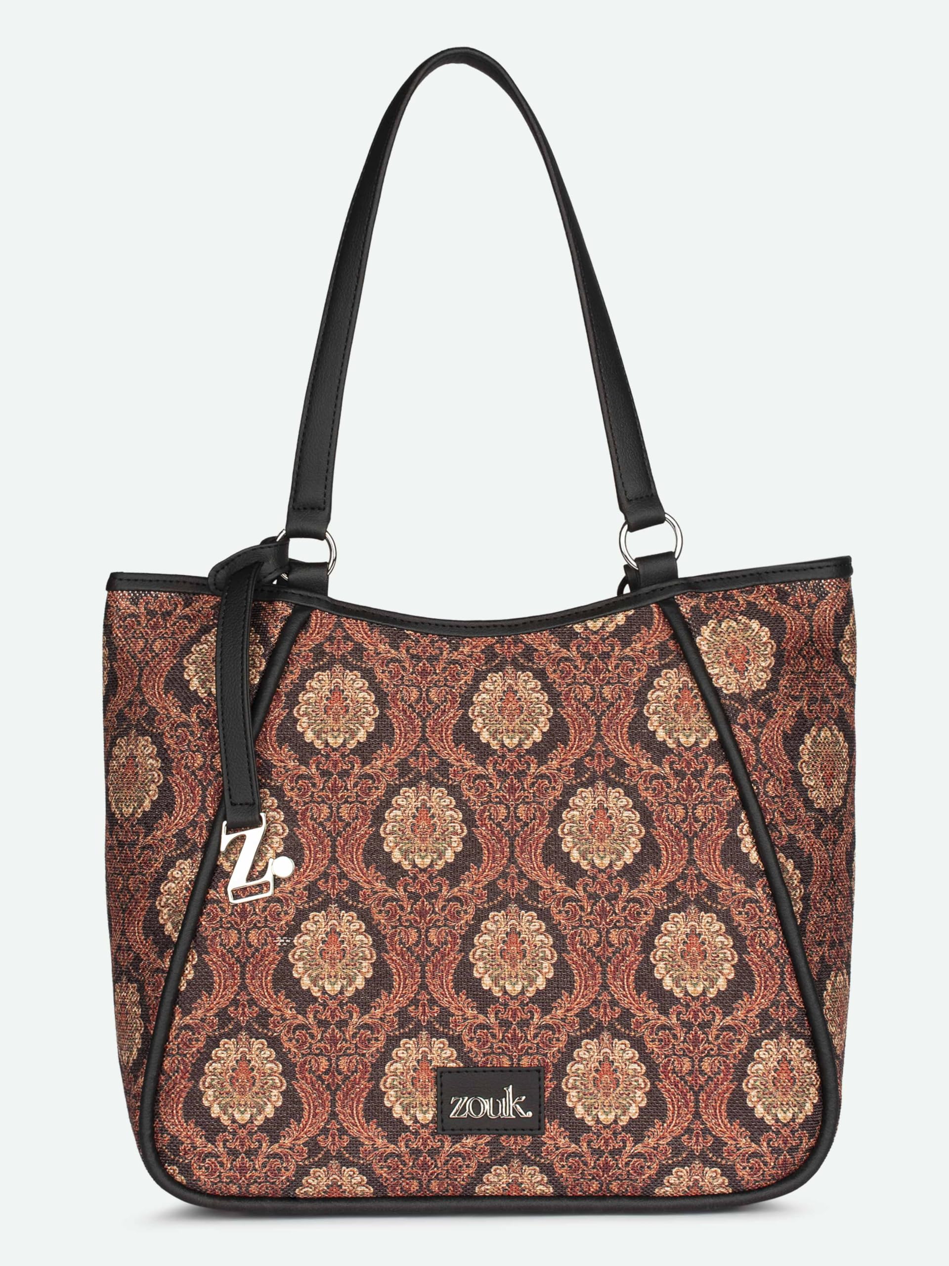 ZOUK Naisha Brown Motif Tote Bag for Women | Vegan Leather Large Shoulder Handbag with Bottle Holder, Multiple Pockets & Water-Resistant Lining | Office, Travel & Daily Use | Jodhpur Damask