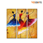 VIBECRAFTS Dancing Women Warli Art 3 Pieces Canvas Wall Painting Fitted With Wooden Frame For Home | Office | Living Room | Gifts (PTVC3Pcs1_9524)