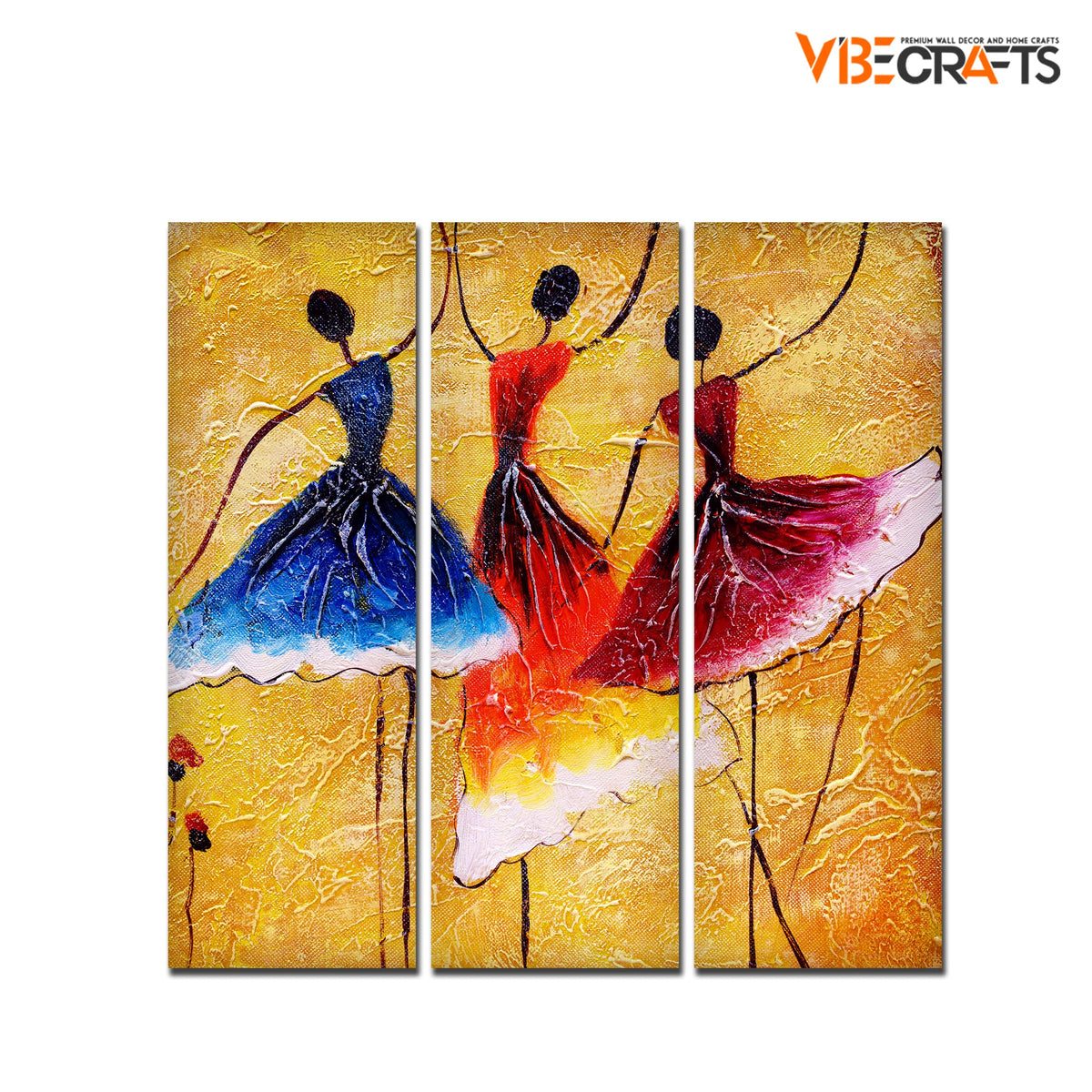 VIBECRAFTS Dancing Women Warli Art 3 Pieces Canvas Wall Painting Fitted With Wooden Frame For Home | Office | Living Room | Gifts (PTVC3Pcs1_9524)