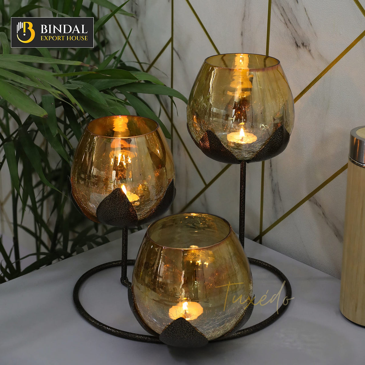 Tuxédo 3pc Ancient Bronze - Gold Glass Candle Holders - 3- Candlesticks Holders Gold Glass Candle for Home Decoration Dinning Table Decoration Candle Wedding Holiday Décor