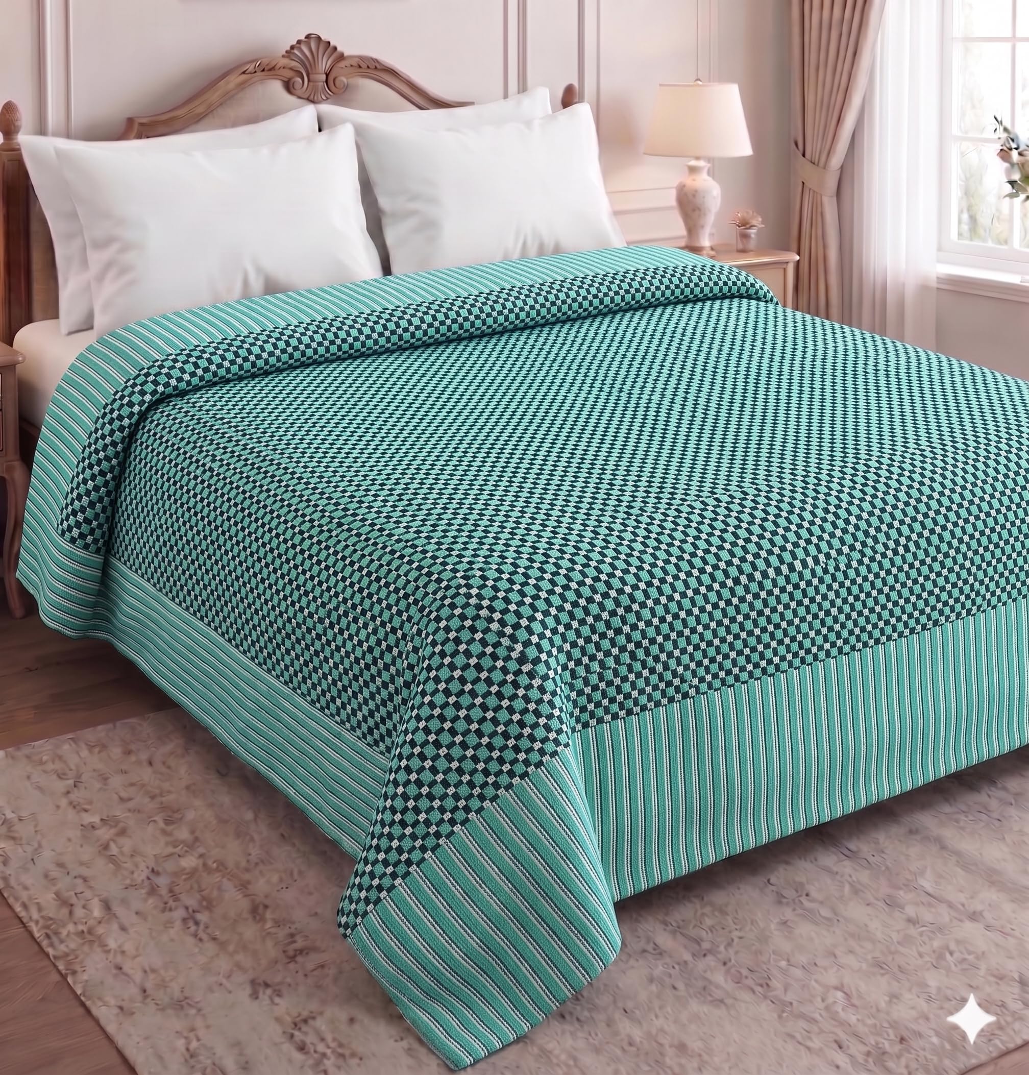 Sharan Elegance Single Size Cotton Blanket/Solapur Chaddar/Cotton Bedsheet/Reversible Blanket (60x90 inches) Set of 1 (Green) Kafalo
