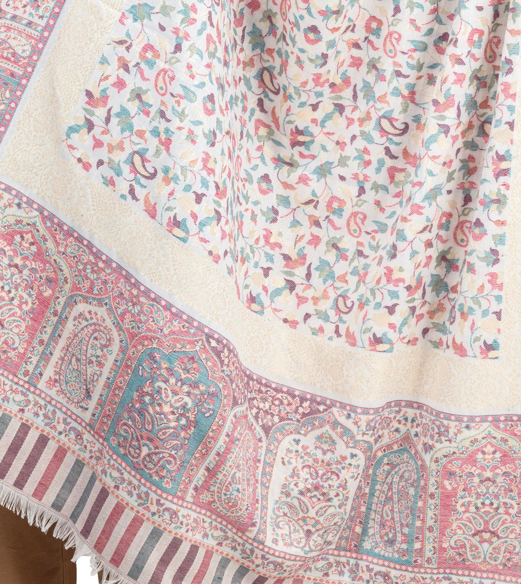 Naureen Women Faux Pashmina Kani Shawl with Mughal Artwork and Zari Accents, Warm and Soft, 40x80 inch