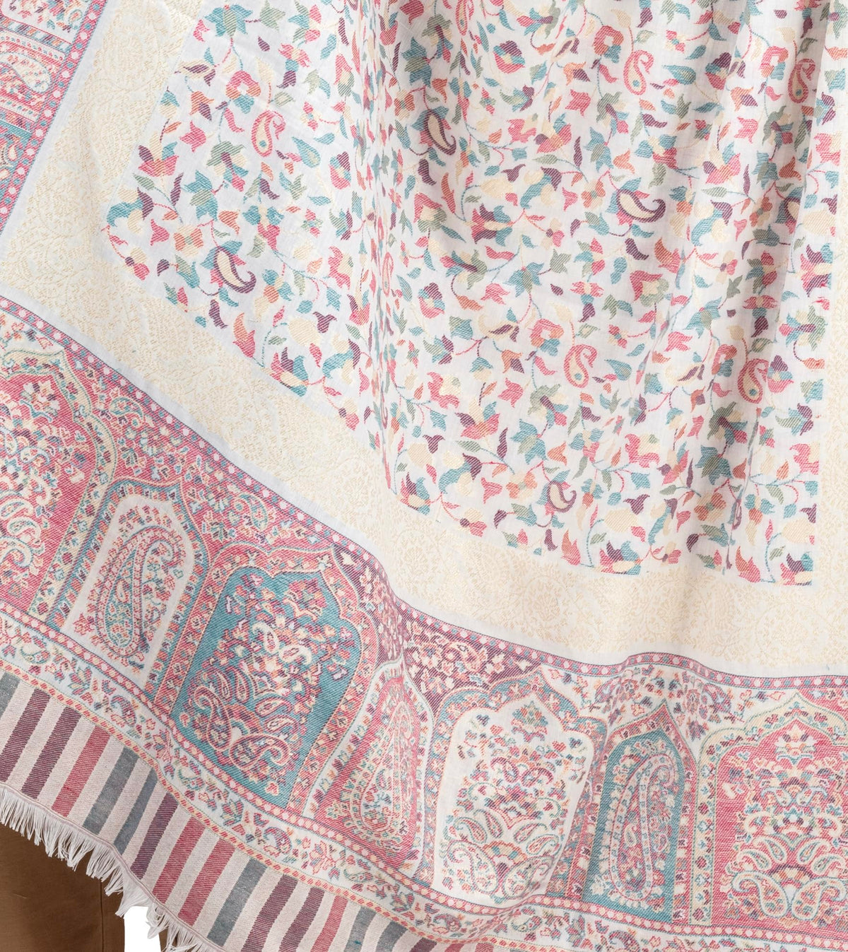Naureen Women Faux Pashmina Kani Shawl with Mughal Artwork and Zari Accents, Warm and Soft, 40x80 inch