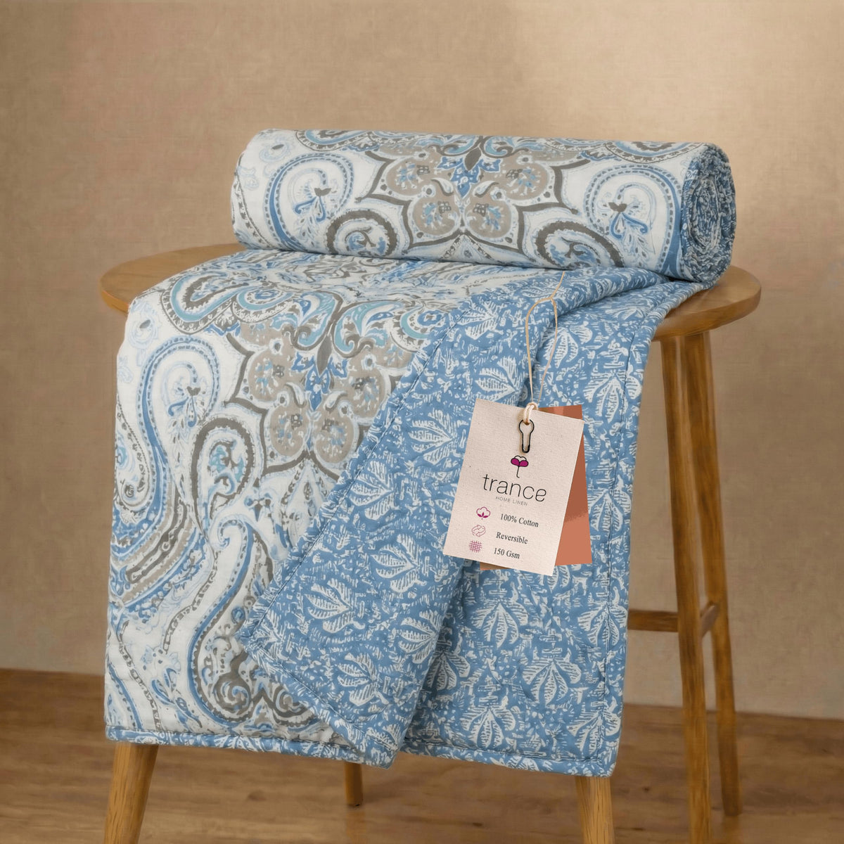 Trance Home Linen Premium 100% Cotton Dohar for Single Bed | 150 GSM | Reversible Ac Comforter | Light Weight All Season Soft Blanket (58x90 Inches | Nargis Blue) Kafalo