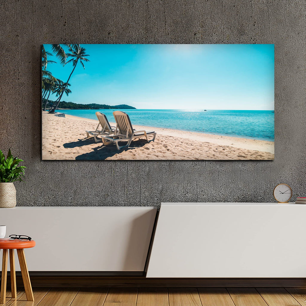 VIBECRAFTS Canvas Paintings for Living Room Drawing Room wall Painting of Beautiful Beach with Chair & Blue Sky for Home|Office|Gift(PTVCH_2385N)