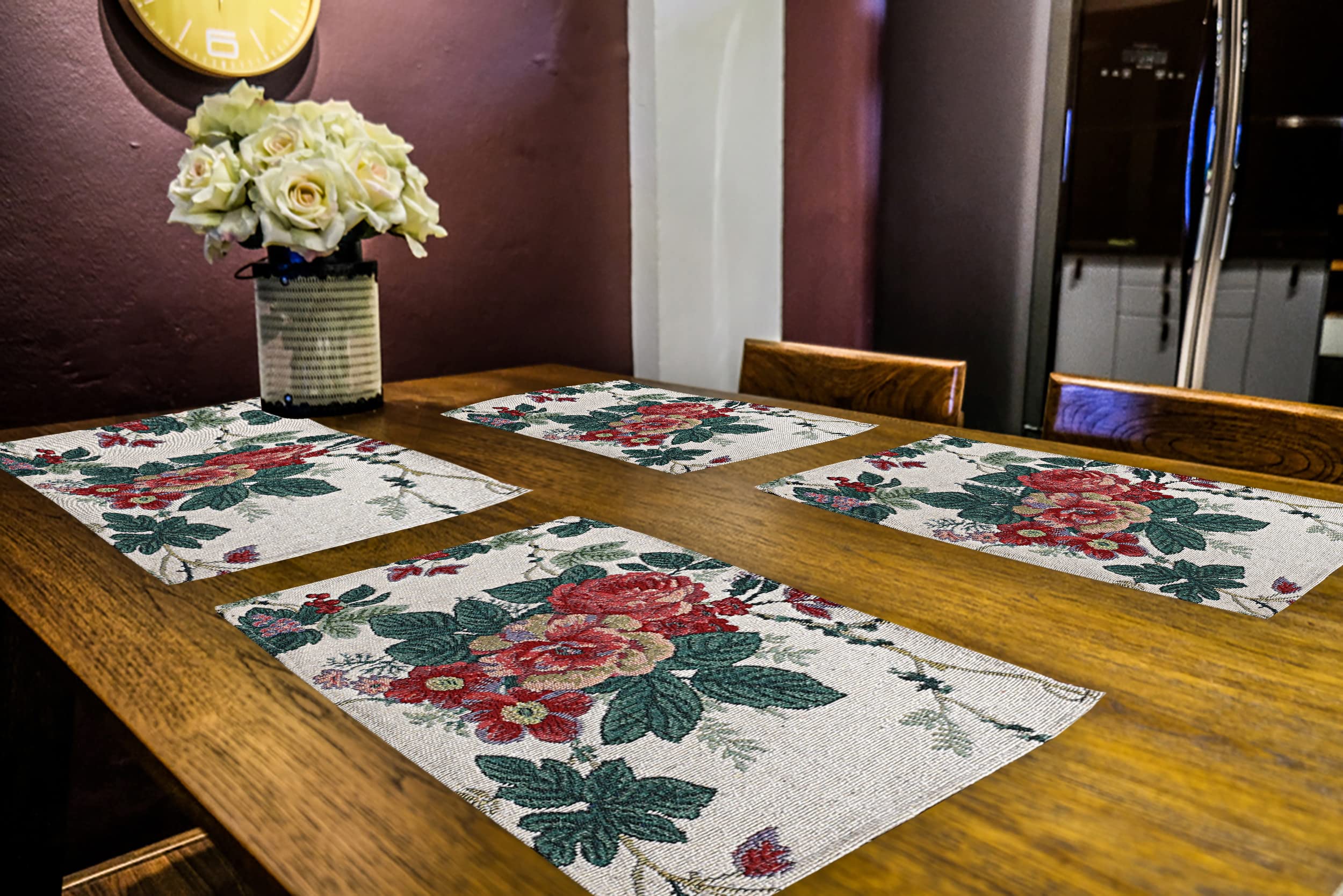 PRAKARTIK BY INDUARTS Rose Floral Eco-Friendly Cotton Dining Table mats – Reusable, Machine Washable, Everyday Use Red Rectangular Placemats, Set of 4 (33x47 cm) Kafalo